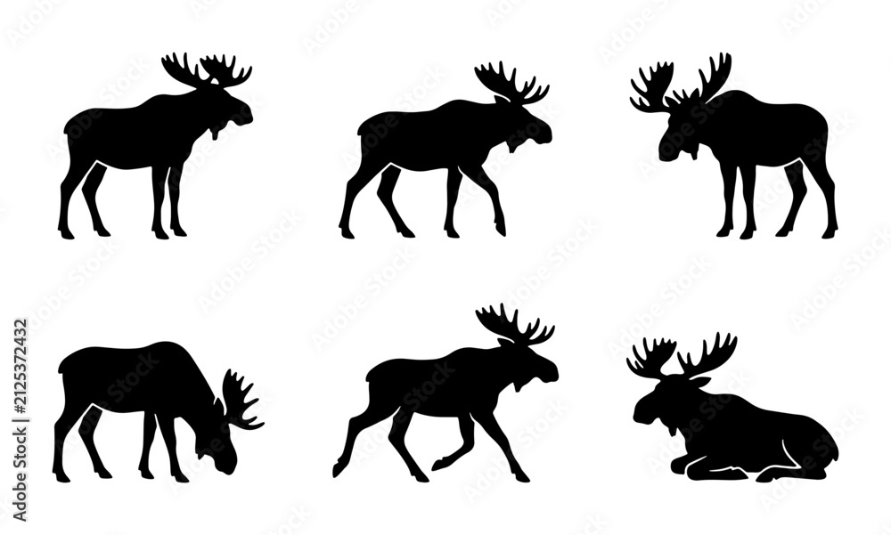 Obraz premium Moose Silhouettes Collection: Wildlife Icons, Forest Animals, Nature Vector Graphics, Hunting Symbols