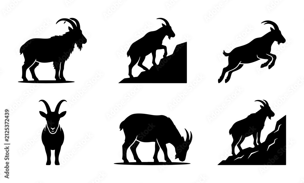 Fototapeta premium Goat Silhouettes Collection, Mountain Climbing Ibex Icons, Wild Animal Vector Graphics