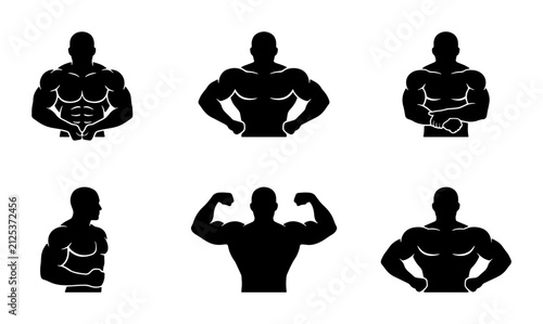 Bild auf Leinwand Muscular Man Silhouettes, Bodybuilder Poses Vector Icons Set, Fitness Strength G