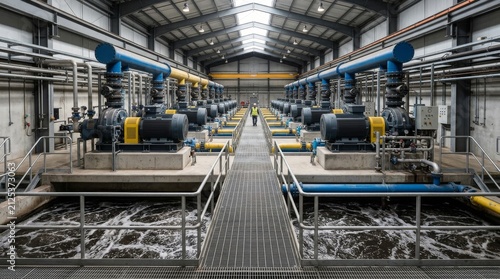 A worker stands in a large industrial pump room with blue pipes and motors