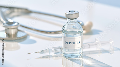 Peptide vial with syringe and stethoscope for modern regenerative medicine