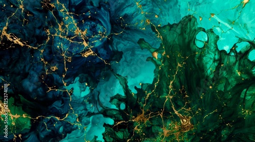 Deep emerald and teal swirls dance with golden liquid traces