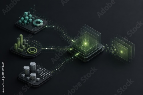 Futuristic data visualization with charts and graphs in green and black theme