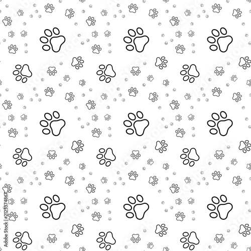 Minimalist Seamless Black and White Dog Paw Print Pattern Background with Hand Drawn Sketchy Style