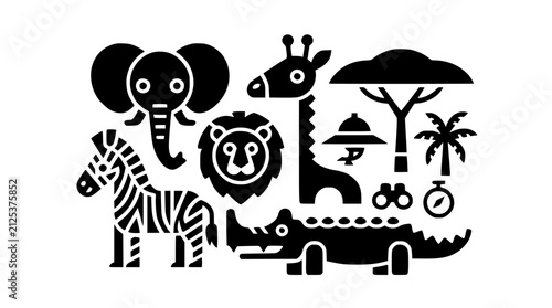 Photography Minimal African safari wildlife vector collection with black cartoon animals and