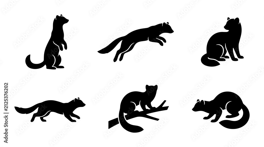 Obraz premium Set of Six Black Silhouette Vector Icons of Weasels and Ferrets in Various Poses, Wildlife Animal Graphics for Nature and Zoology Themes