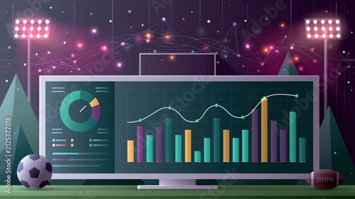 Sports analytics dashboard on monitor with stadium lights and abstract network in background