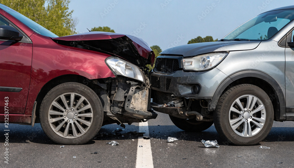 Naklejka premium Two cars involved in a severe head on collision traffic accident