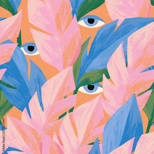 Tropical leaf pattern illustration featuring hidden cute eye motifs in vibrant colors, showcasing a blend of pink, green, and blue foliage elements on a warm background