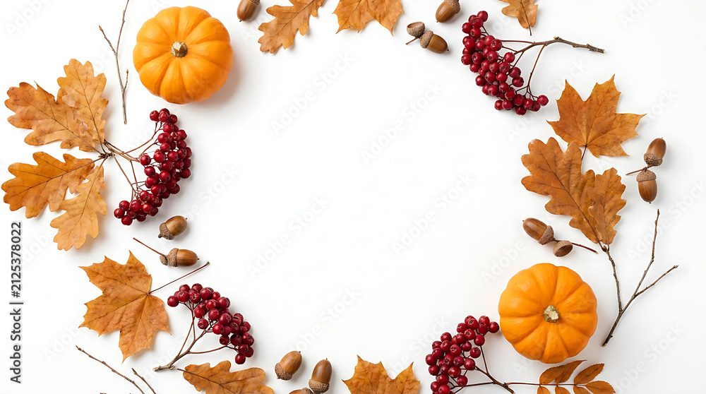 Obraz premium Autumn harvest frame with pumpkins dried leaves and red berries on a white background flat lay photo