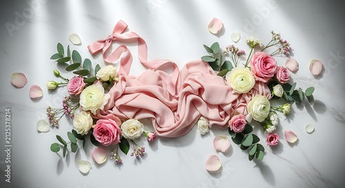 Pink ribbon with flowers and petals.