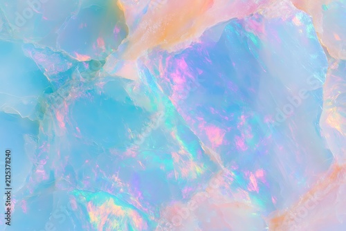 Macro texture of iridescent opal stone displaying shades of blue, pink, and green with intricate patterns and reflections, suitable for backgrounds or design elements