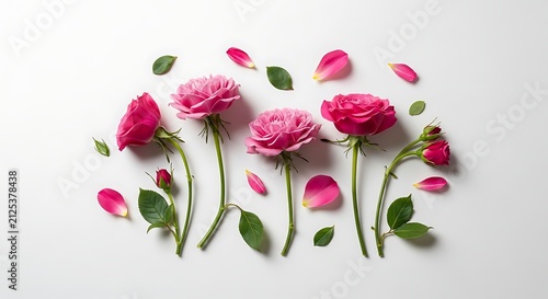 Pink roses and petals on white.