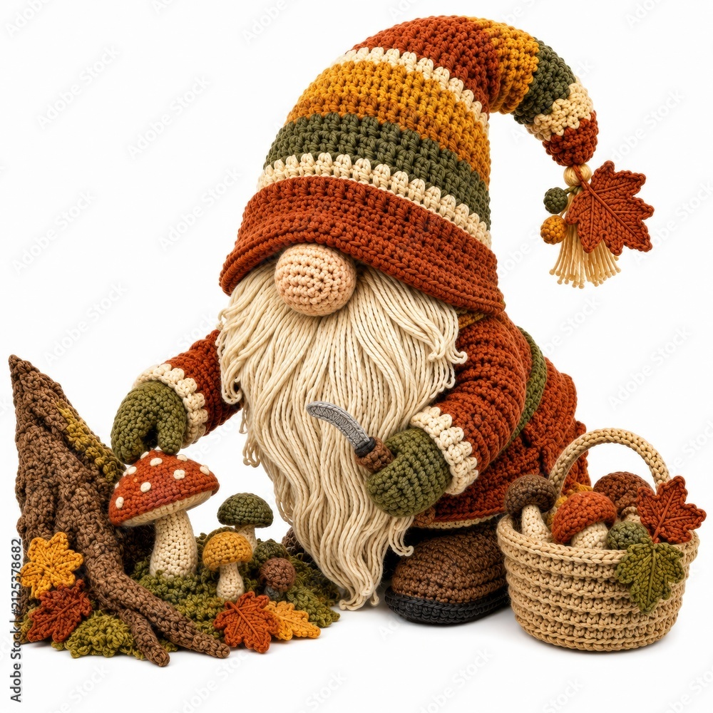 Fototapeta premium A crocheted gnome in autumn colors gathers mushrooms next to a tree stump, surrounded by fall leaves and a basket of mushrooms.