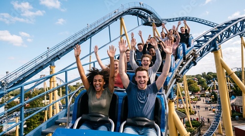 Excited group of friends enjoying a thrilling roller coaster ride at an amusement park on a sunny day