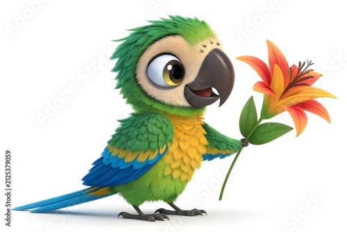 Cute cartoon parrot holding colorful autumn leaf