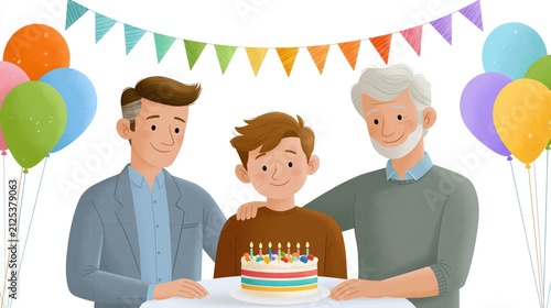Family celebrating a birtay with cake and balloons during a festive gathering