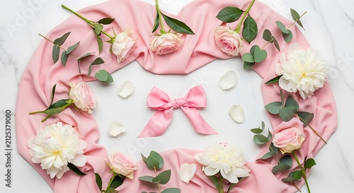 Pink bow with flowers and leaves.