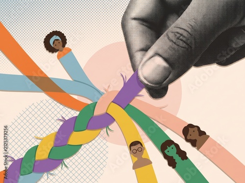 Braided multicolor cord with cartoon figures pinched by giant hand