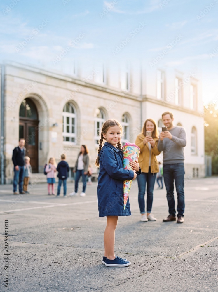Fototapeta premium Mädchen zeigt stolz ihre Schultüte vor dem Schulgebäude
