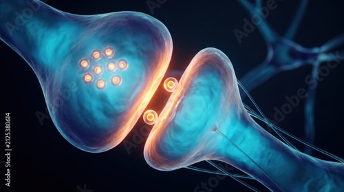 Glowing neurotransmitter particles crossing synaptic gap between neurons