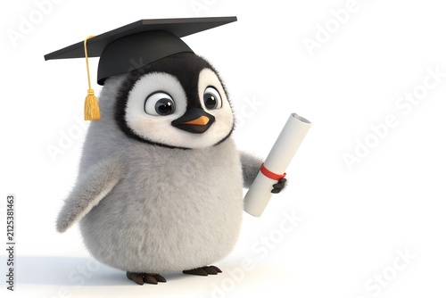 Cute cartoon penguin wearing graduation cap and holding diploma