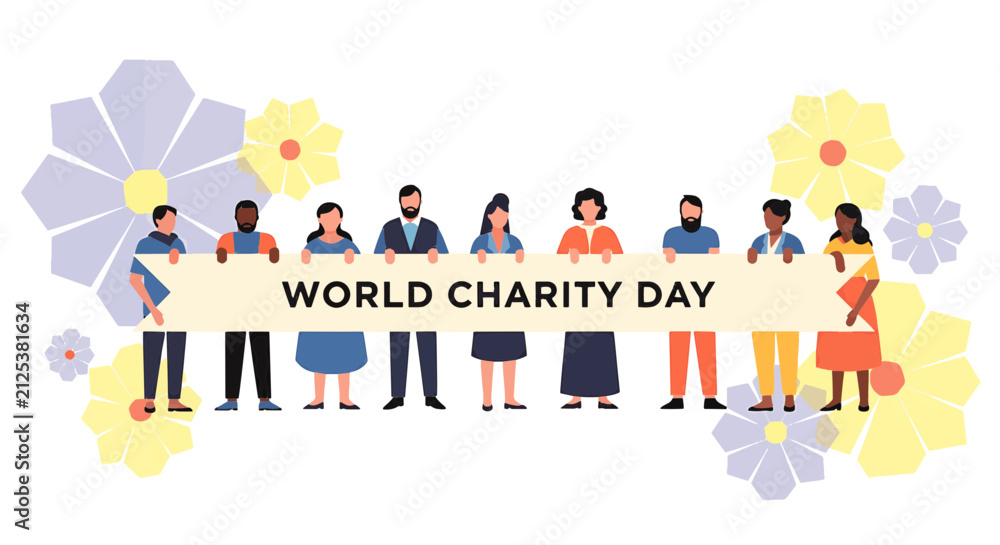 Fototapeta premium Group of people holding world charity day banner with floral decoration