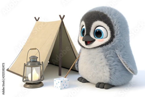 Cute cartoon penguin sitting near a camping tent and lantern