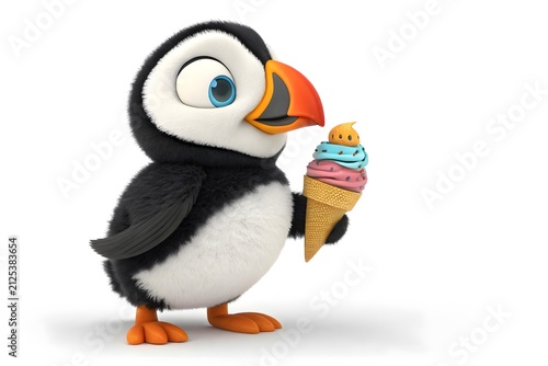 Cartoon puffin eating colorful ice cream cone