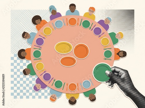 Diverse cartoon people around round table with hand placing green plate