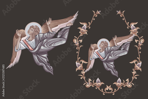 Christian pastel illustration set with angel in Byzantine style isolated