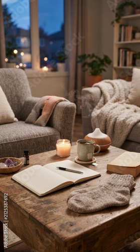 Cozy evening self care setup with journal, candles and relaxation products, stress recovery, restful home routine and emotional wellness.