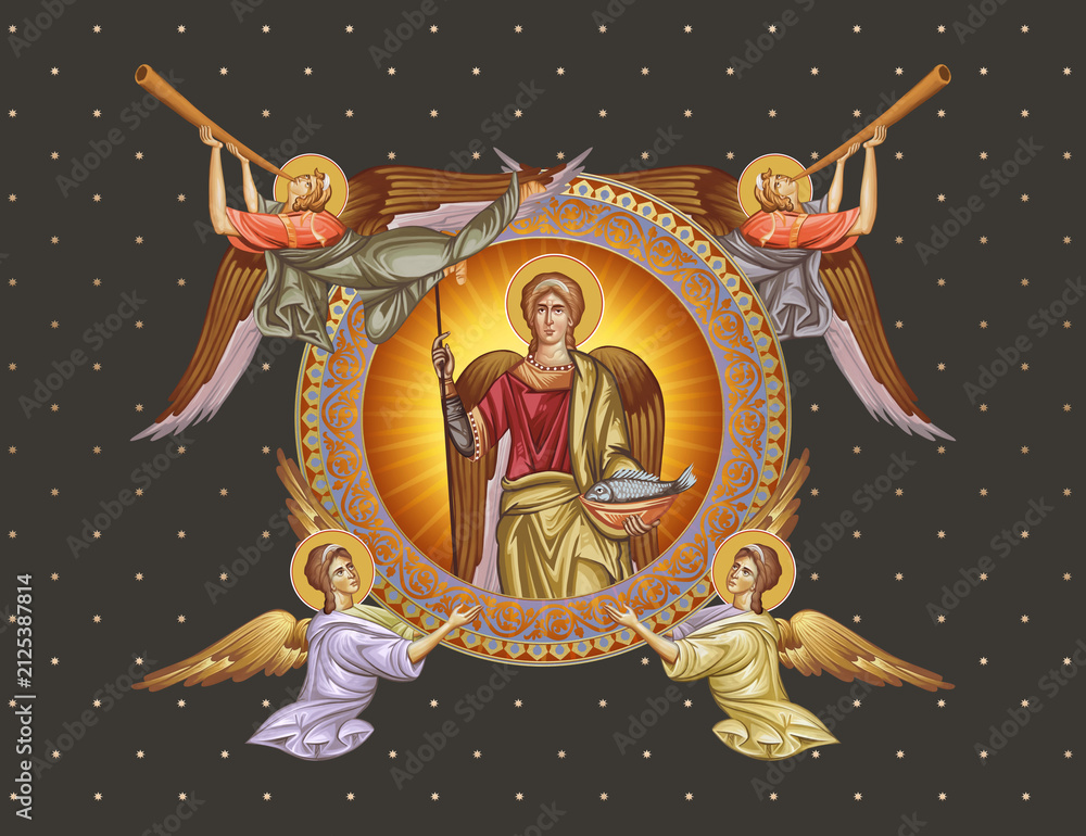 Fototapeta premium Archangel Raphael. Decorative vintage illustration with angels in Byzantine style