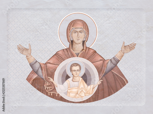Blessed Virgin Mary and Jesus Christ. Christian illustration in Byzantine style in pastel colors