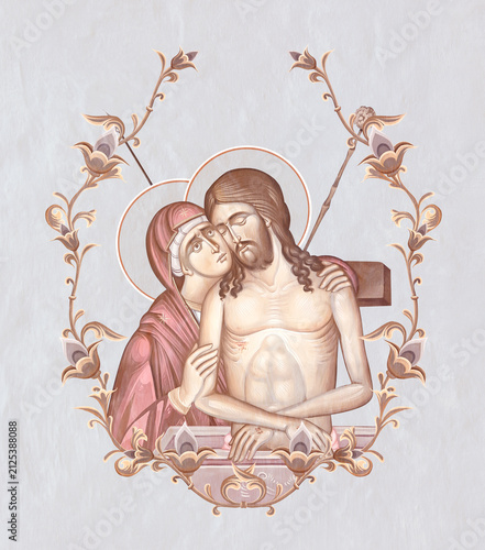 Jesus Christ King of Glory. Christian pastel illustration in Byzantine style in floral frame