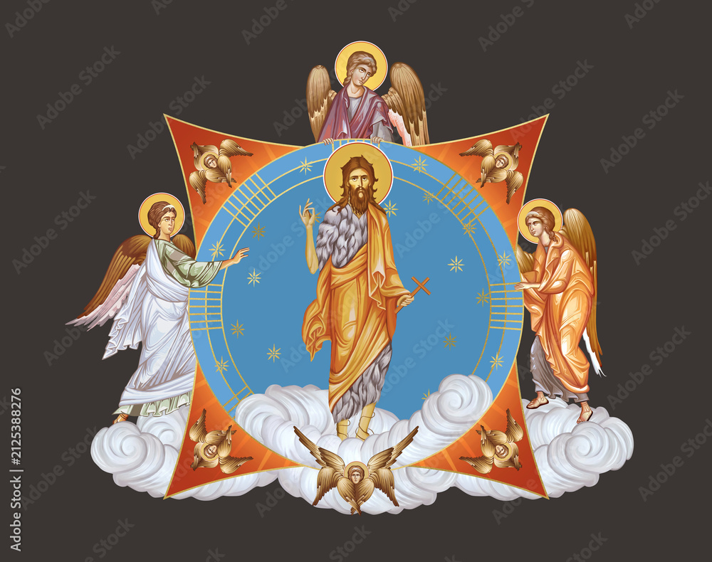 Fototapeta premium John the Baptist. Illustration in Byzantine style with angels and seraphim