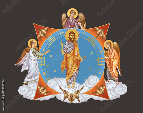 John the Baptist. Illustration in Byzantine style with angels and seraphim