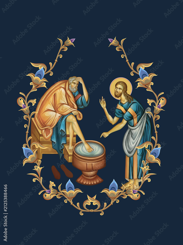 Fototapeta premium Maundy (foot washing). Decorative vintage floral illustration in Byzantine style