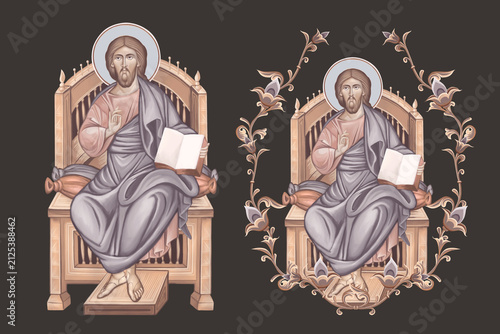 Jesus Christ the greatest Bishop sitting on throne. Christian pastel illustration set in Byzantine style isolated