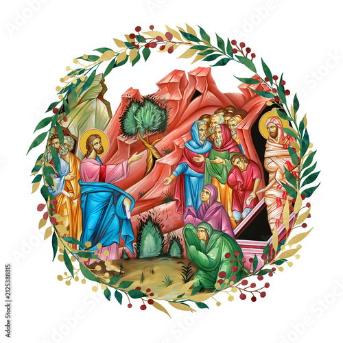 The Raising of Lazarus. Decorative vintage floral wreath, illustration in Byzantine style isolated