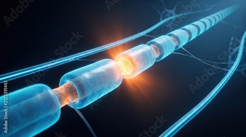 Glowing orange nerve impulse traveling along myelinated axon fiber