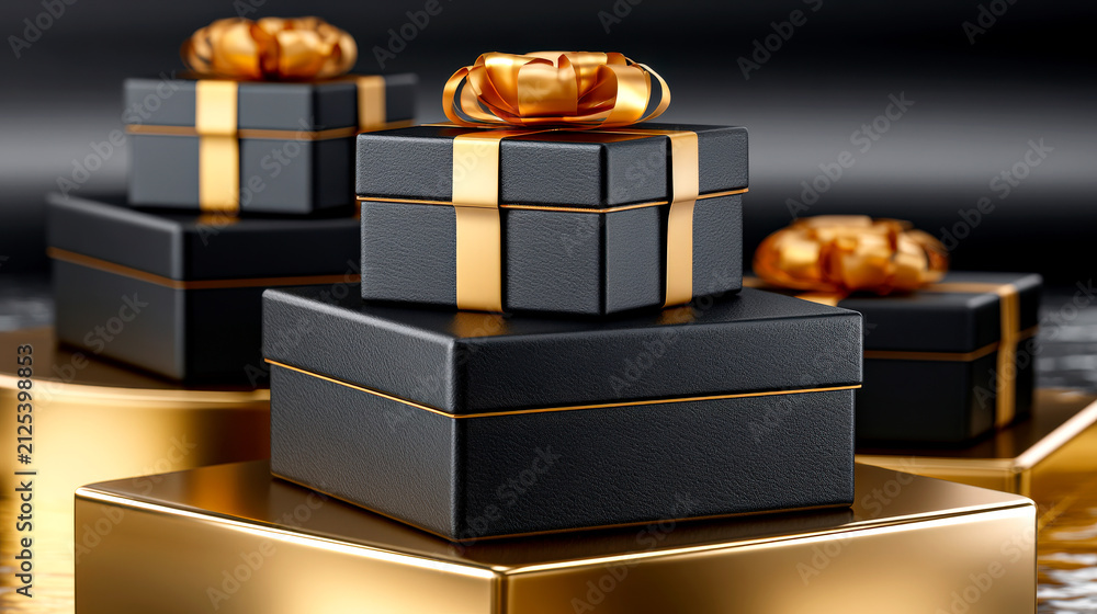 Obraz premium Luxury black gift boxes with golden ribbons on elegant dark background display