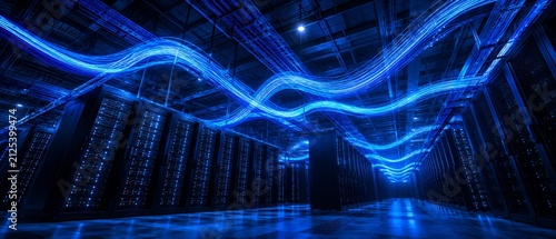 High-tech data center interior with rows of illuminated server racks and flowing blue light trails overhead, symbolizing fast data transmission, networking, digital connectivity
