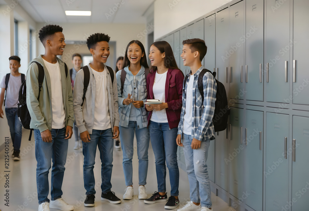 Fototapeta premium Diverse students talking in school hallway
