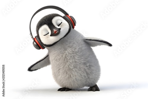Cute cartoon penguin wearing headphones dancing