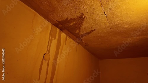 Water damage evident on ceiling and walls with visible cracks and stains