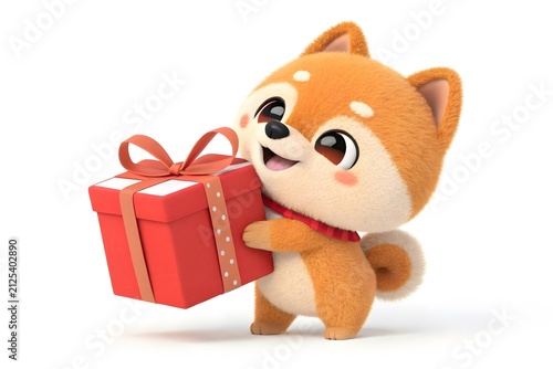 Cute cartoon Pomeranian holding red gift box