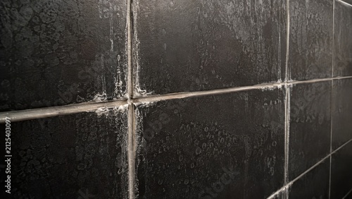Hard water stains and efflorescence on dark bathroom tiles