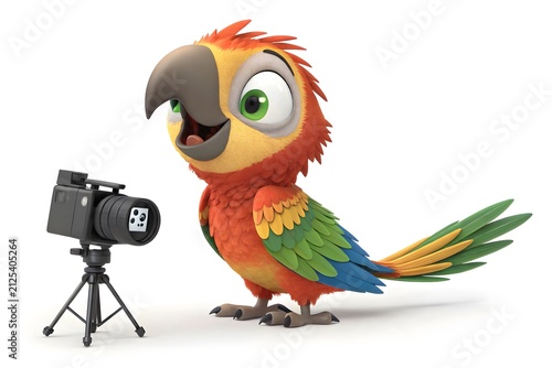 Colorful cartoon parrot filming with a camera