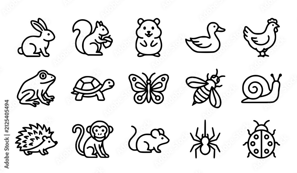 Fototapeta premium Cute Animal Line Icon Collection Featuring Rabbit, Hamster, Duck, Monkey, Snail and Garden Insects